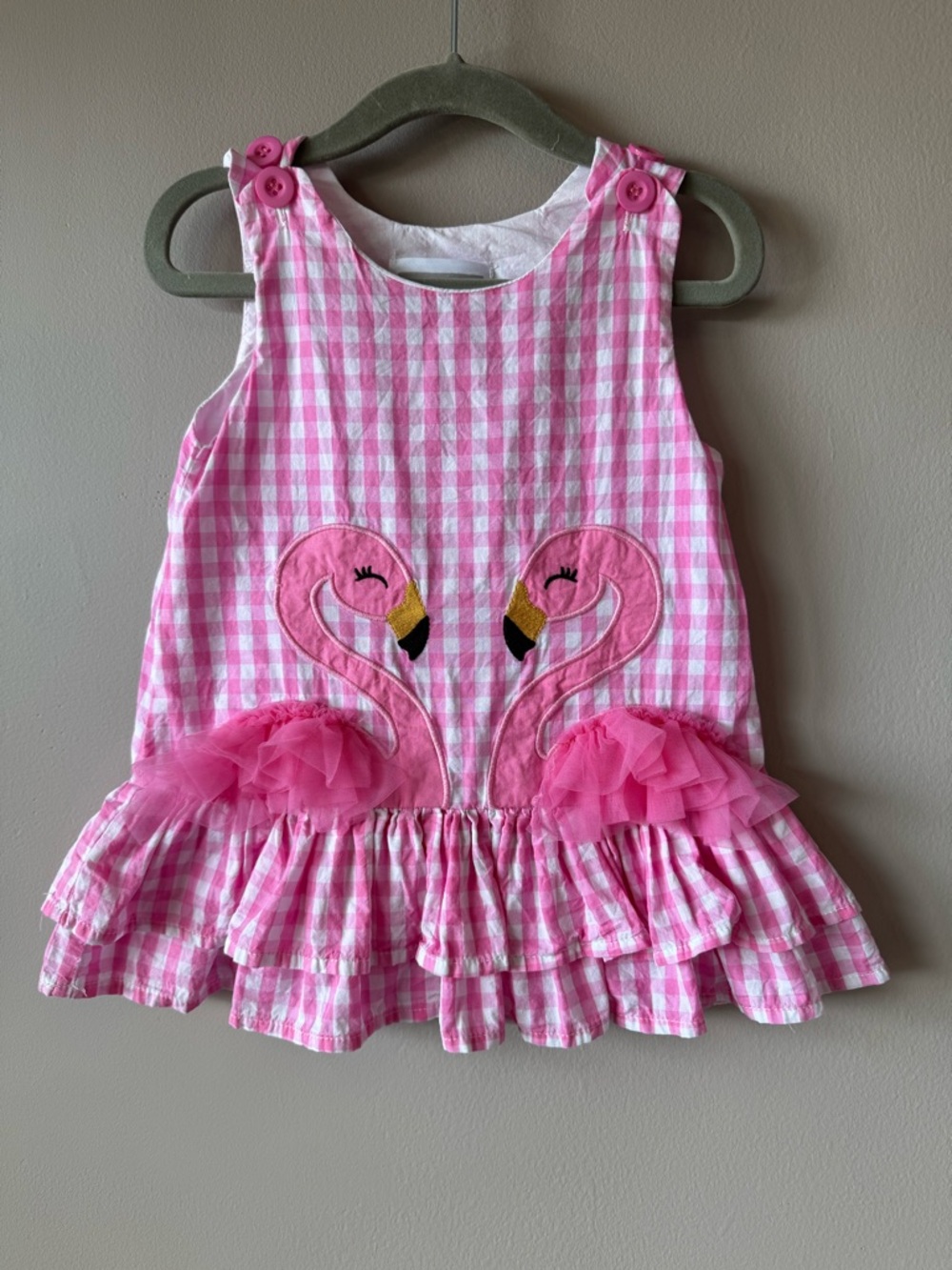 Lil Cactus Pink Gingham Flamingo Tulle Ruffle Dress Cotton Size 12-18 Months